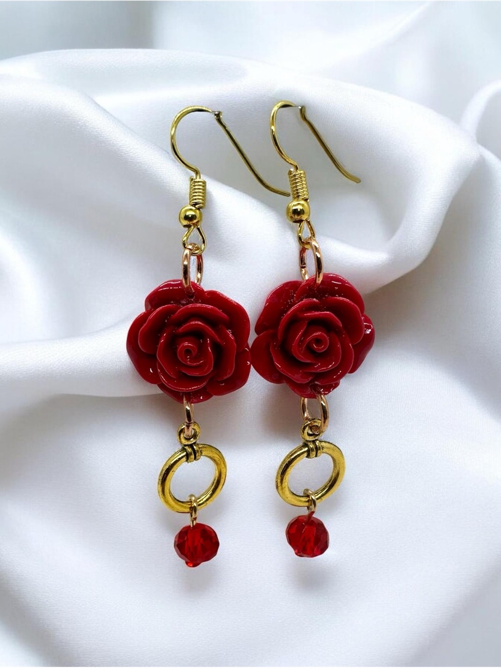 Red Rose Flower Earrings, Gold Dangle Earrings, Red Crystal Beaded Jewelry